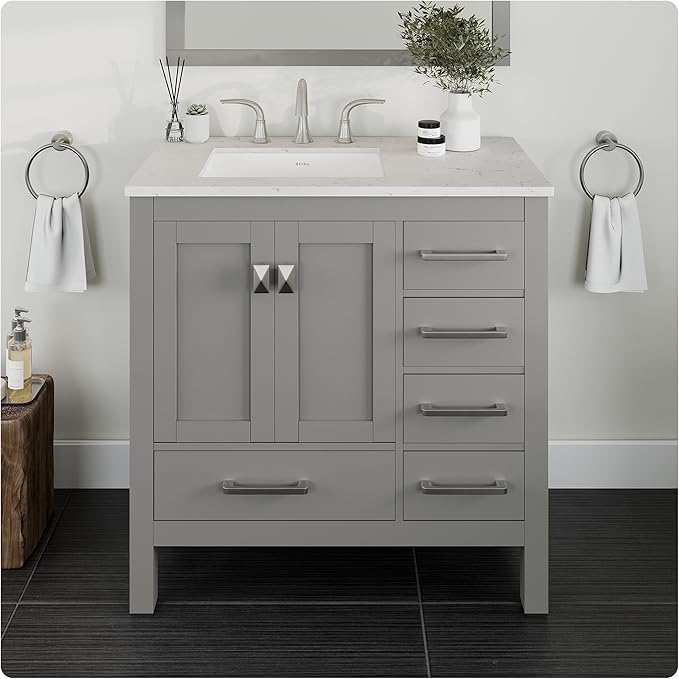 Aberdeen 36 Inch Bathroom Vanity with White Carrara Quartz Countertop - Porcelain Sink