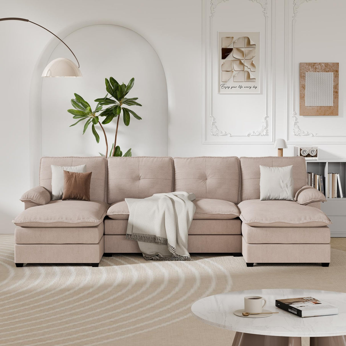 Vongrasig Sectional Couches for Living Room, Comfy Cloud Couch with Chaise 110" U-Shaped Sofa 4-seat Modular Sofa Large Sectional Couch with Ottoman for Living Room (Khaki)