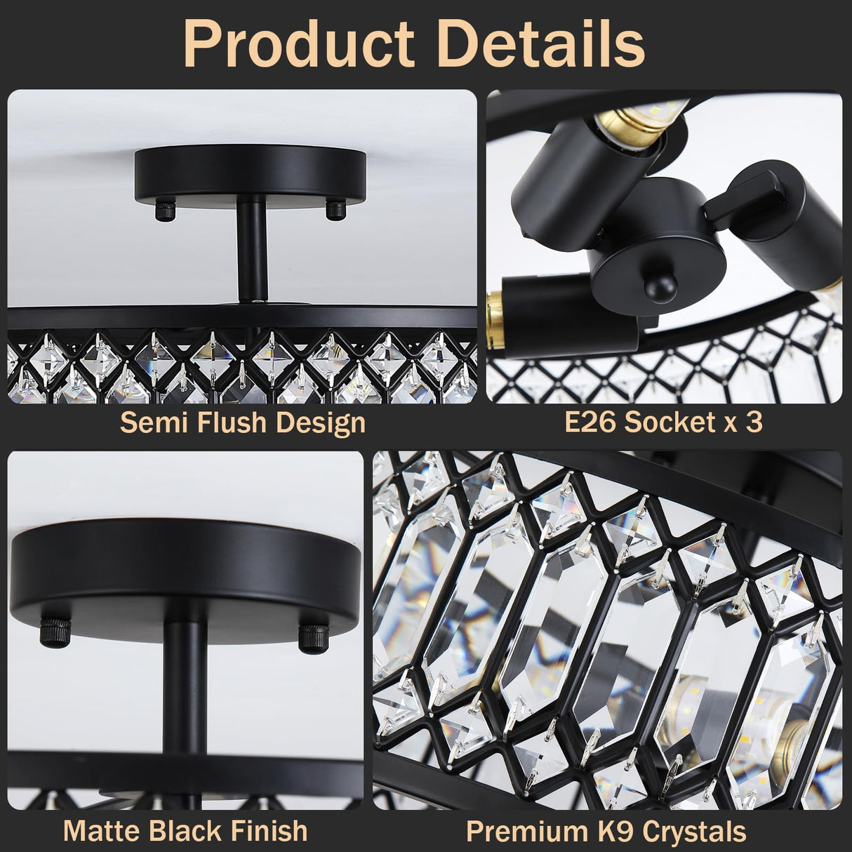 16" Black Crystal Ceiling Light - 3-Light Semi Flush Mount Chandelier