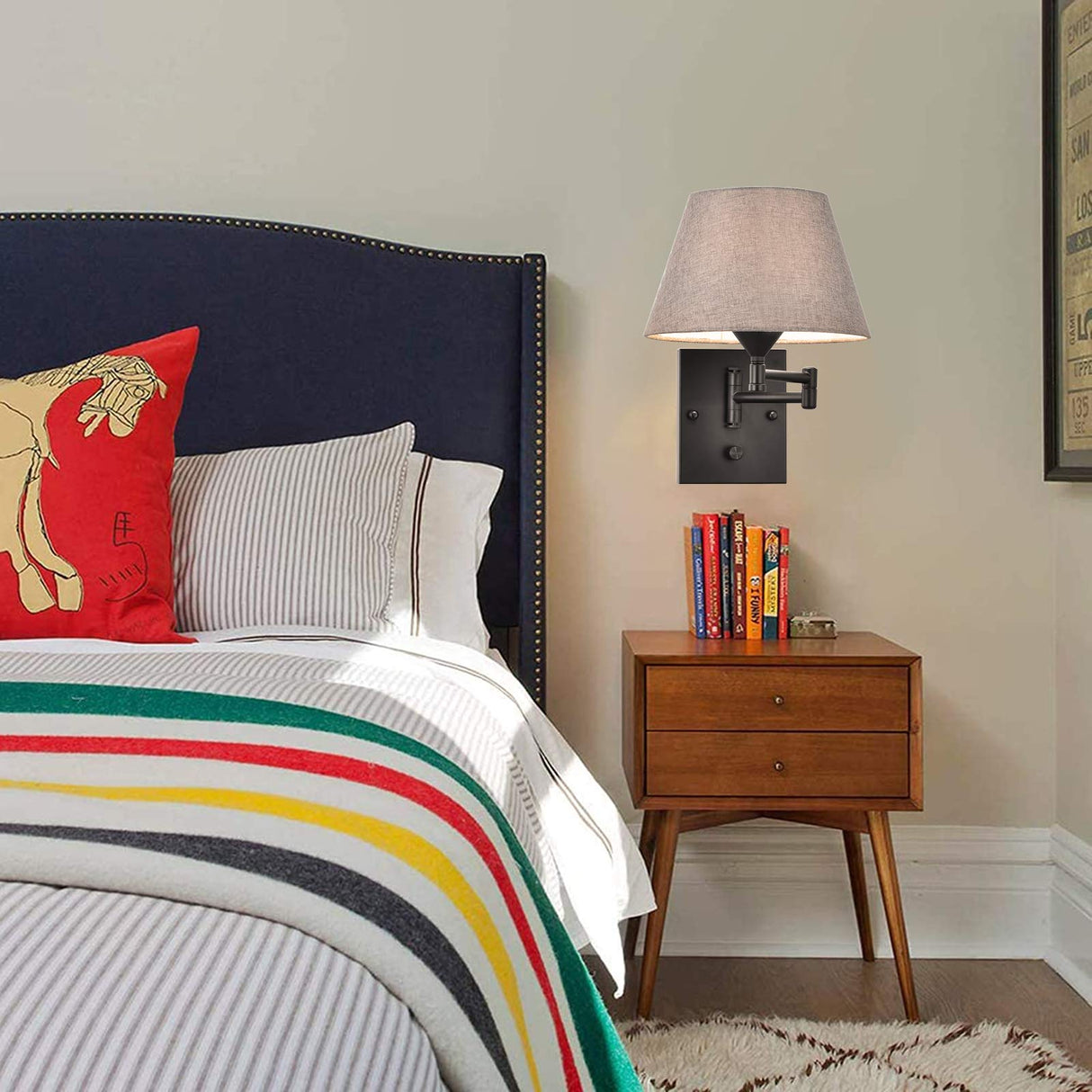 Plug in Wall Sconce Set of 2 Swing Arm Wall Lamp with Plug in Cord and Grey Fabric