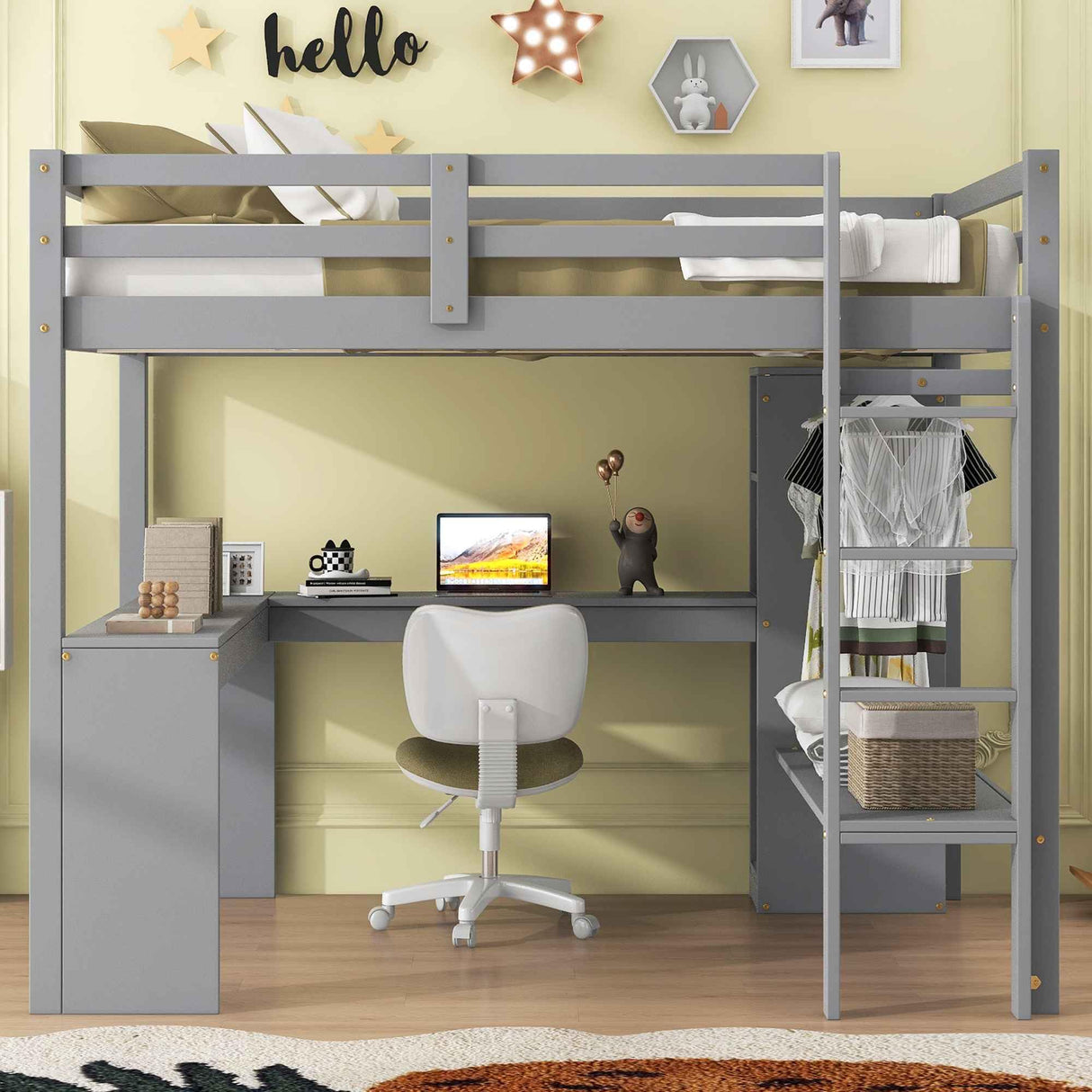 Full Size Loft Bed with Storage Shelves and Hanging Rod, Wooden Highloft Bedframe
