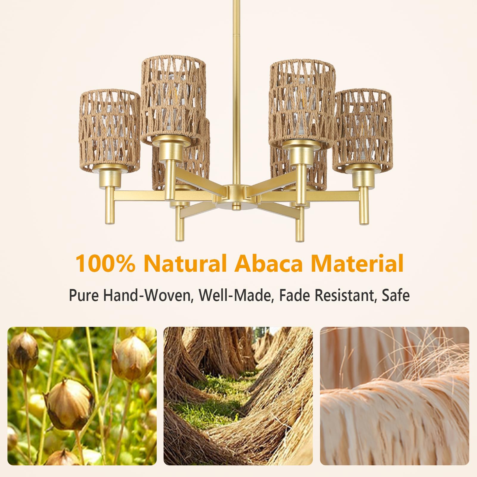 6-Lights Gold Chandelier Light Fixture - Boho Rattan Chandeliers for Dining Room, Farmhouse Kitchen Lighting Fixtures Ceiling, Hanging Pendant lights for Kitchen Island Bedroom Living Room Nursery