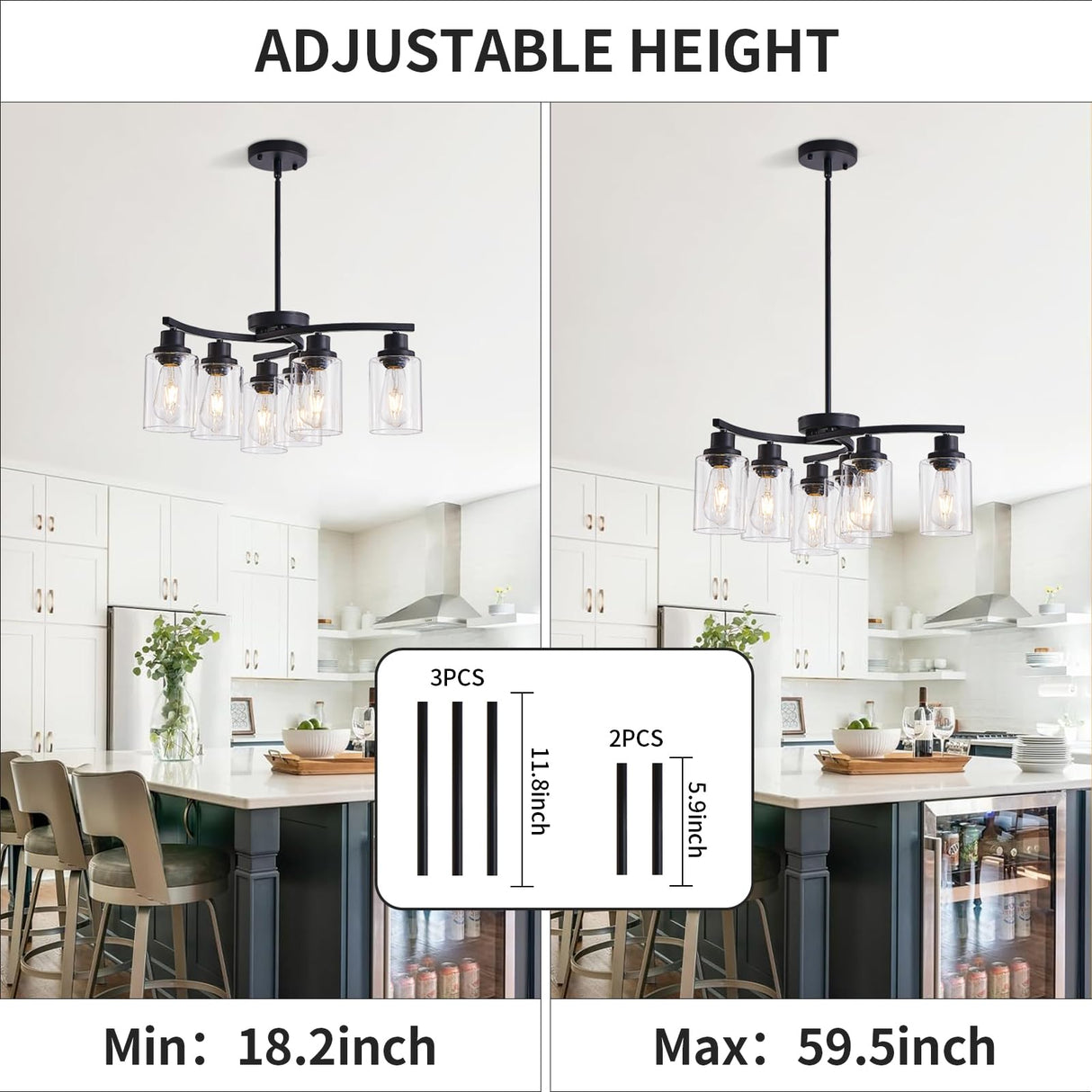 OTeedo 6-Light Modern Farmhouse Black Chandeliers for Dining Room,Kitchen Black Chandeliers Over Table,Adjustable Height Hanging Whirlwind Pendant Lights,Clear Glass Shade Ceiling Light Fixture