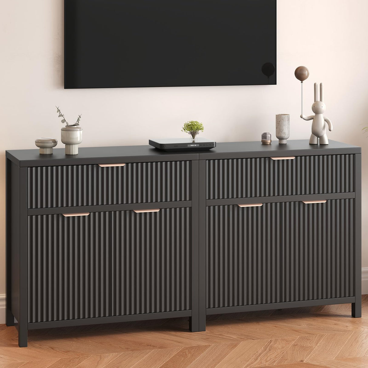 Modern Fluted Black Storage Cabinet with Adjustable Shelf