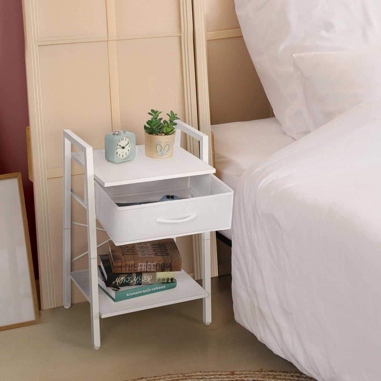 White Night Stand Side Table with Fabric Drawer and Storage Shelf 3-Tier Modern Bedside End