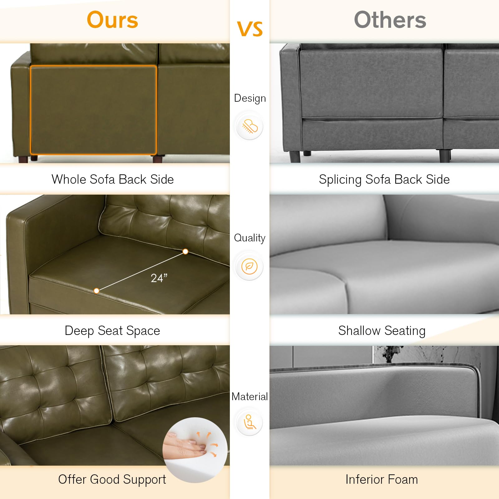 Premium Faux Leather 3-Seat Sofa w/Two Bolster Pillows and Tufted Backrest