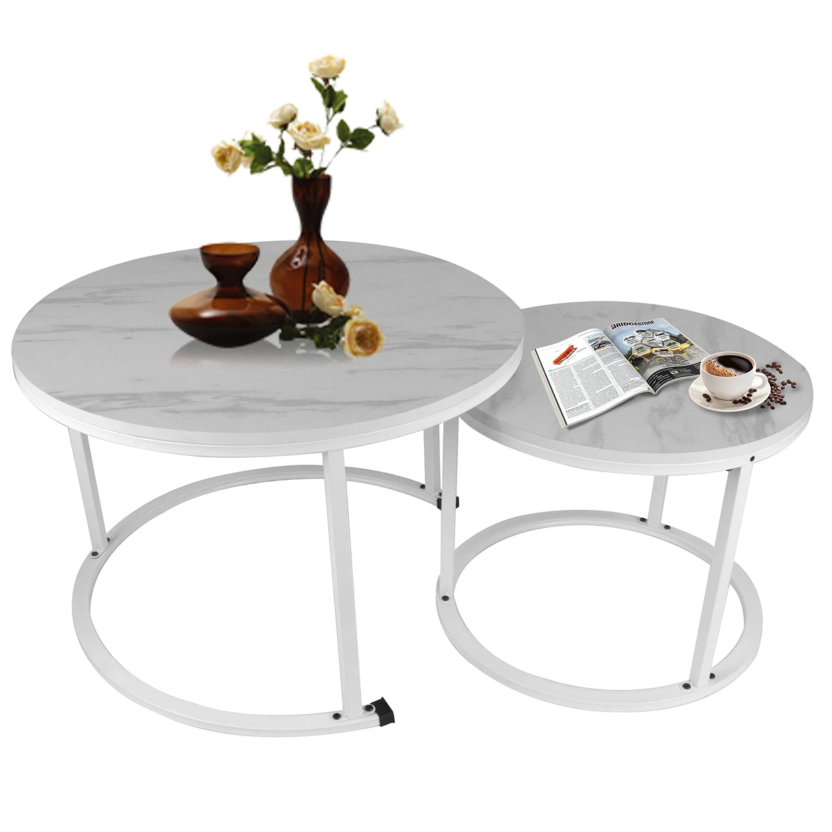 Small Round Nesting Coffee Table 27" Wood and Metal Stacking Coffee