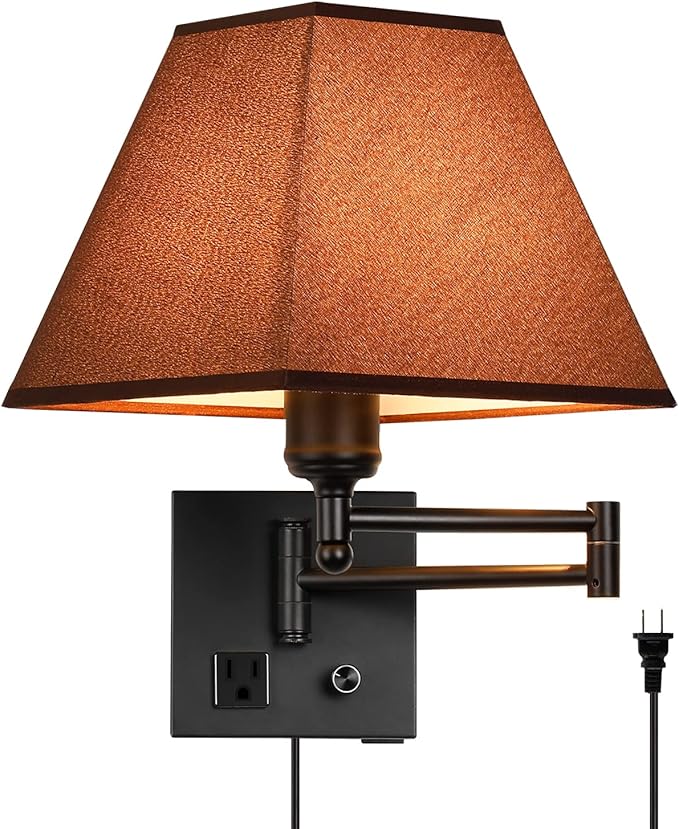 Wall Mounted Lamp Plug in Wall Sconce with Dimmable Switch Swing Arm Wall