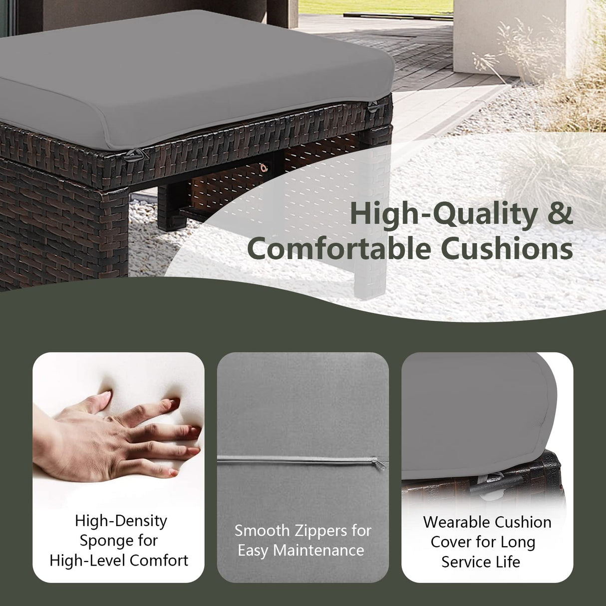 HAPPYGRILL 2 Piece Outdoor Wicker Ottomans, Patio Rattan Footstool with Cushions, Solid Steel Frame, Multifunctional Ottomans for Poolside Backyard Balcony