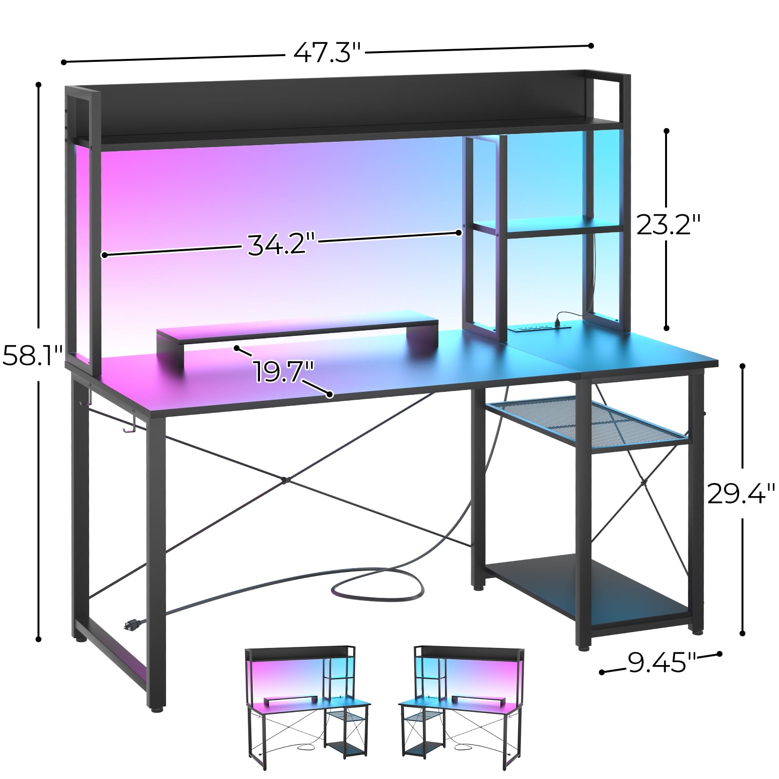 Gaming Desk with Hutch, 47'' Computer Desk with LED Lights & Power Outlets,