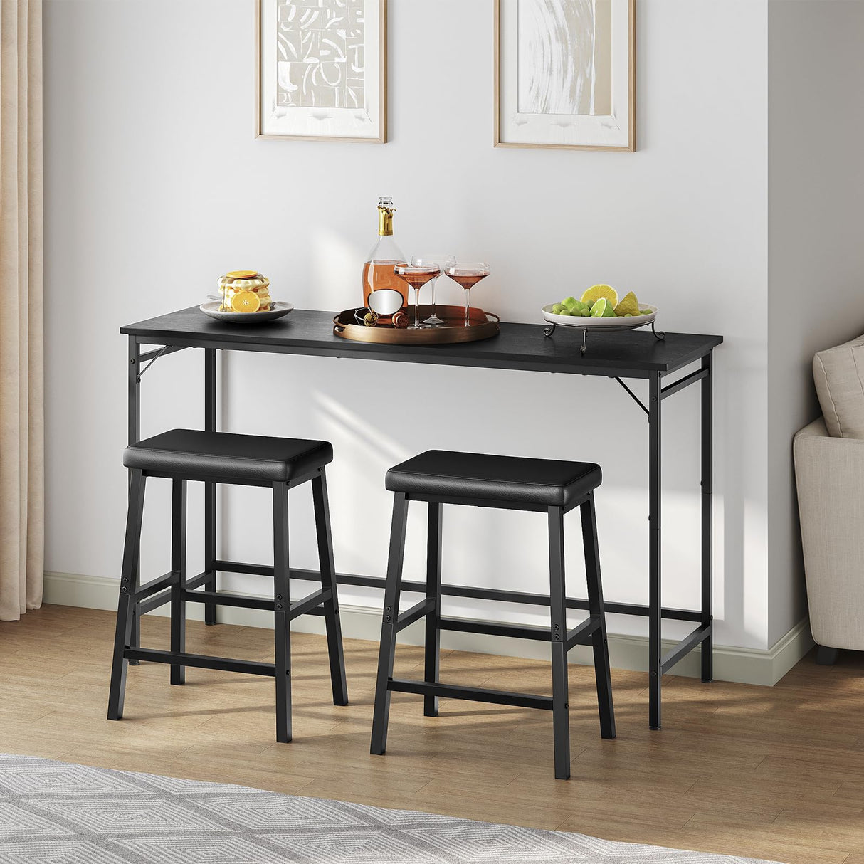 Bar Stools, 24" Set of 2 Bar Chairs, PU Leather Upholstered Breakfast Stools