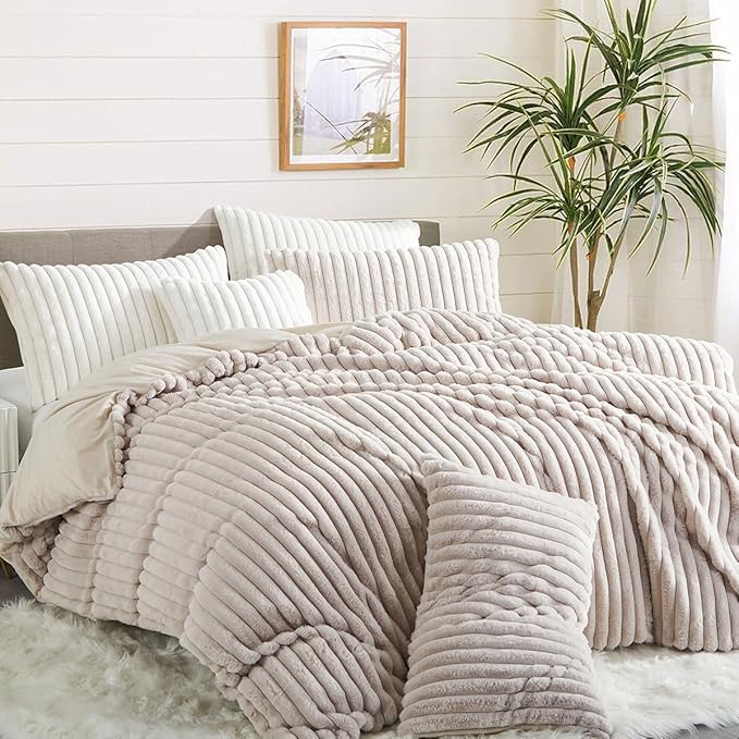 Fluffy Faux Fur Duvet Cover Queen Size Velvet Flannel Olive Green Striped Reversible Comforter