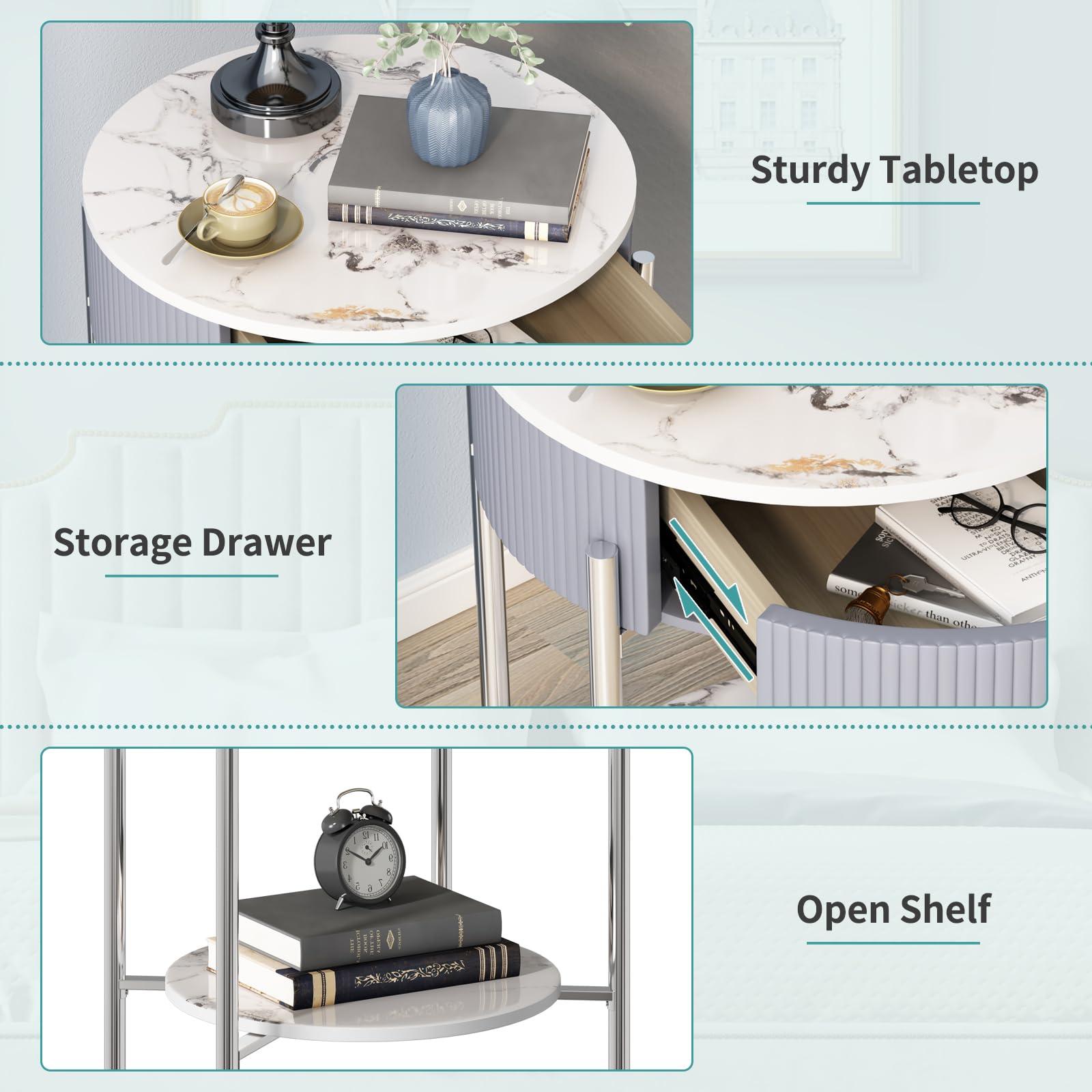 Round Side Table with Drawer, Modern Nightstand with Shelf and Chrome