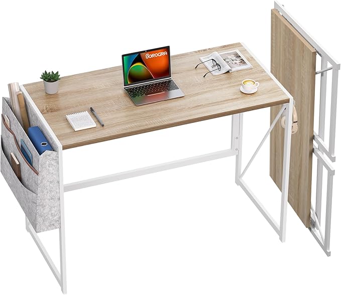 Small Folding Desk, 31.5 Inch Spaces Saving Foldable Table with Storage Pocket