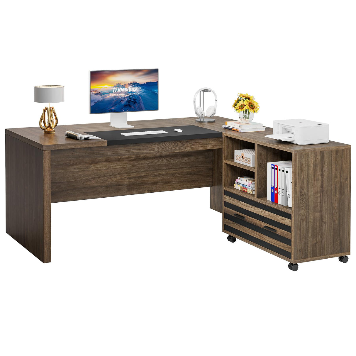 62.2" Executive Desk with Mobile File Cabinet, L-Shaped Office Desk