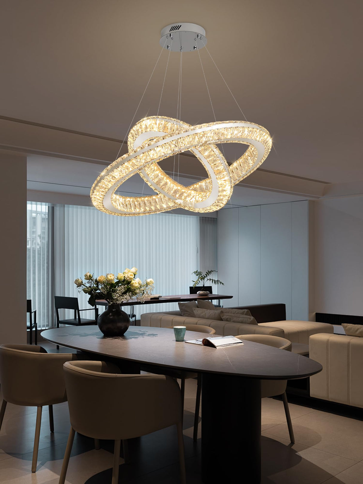 Flashing God 2 Ring Chandelier Modern Crystal Chandeliers LED Pendant Lights Silver Ring Chandelier for Bedroom Dining Room High Ceiling Foyer