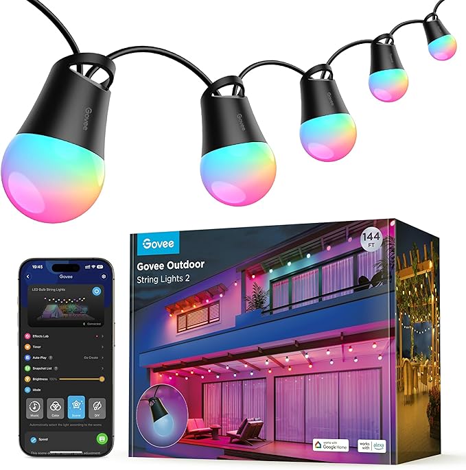 String Lights 2, 144ft Outdoor Lights with Dimmable Warm White LED Bulbs, 47 Scene