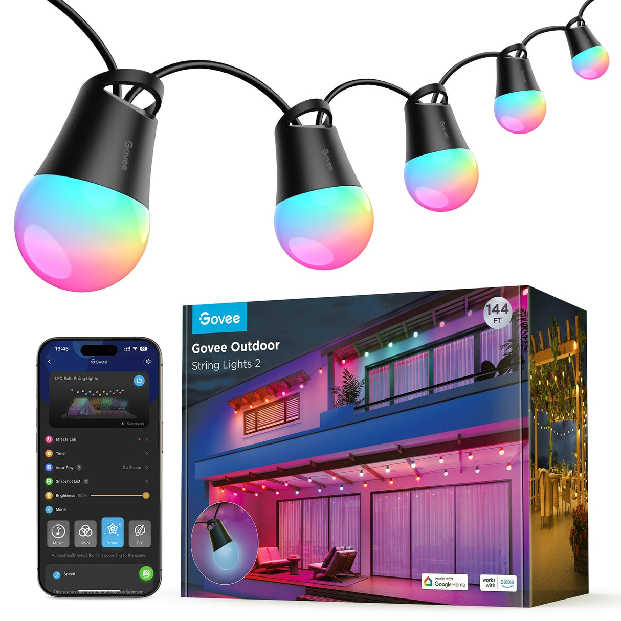 String Lights 2, 144ft Outdoor Lights with Dimmable Warm White LED Bulbs, 47 Scene