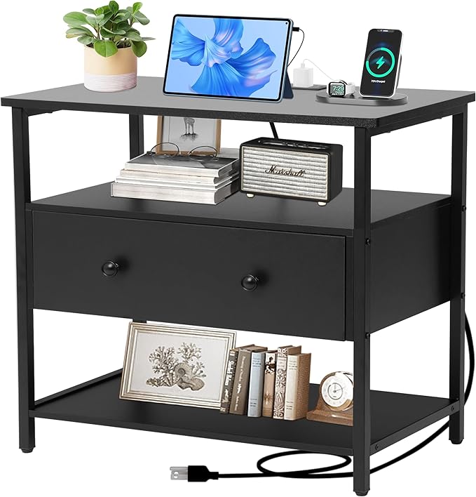 27 inch Nightstand Side Table with 1 Layer of Wooden Drawers,Nightstand with Charging Station