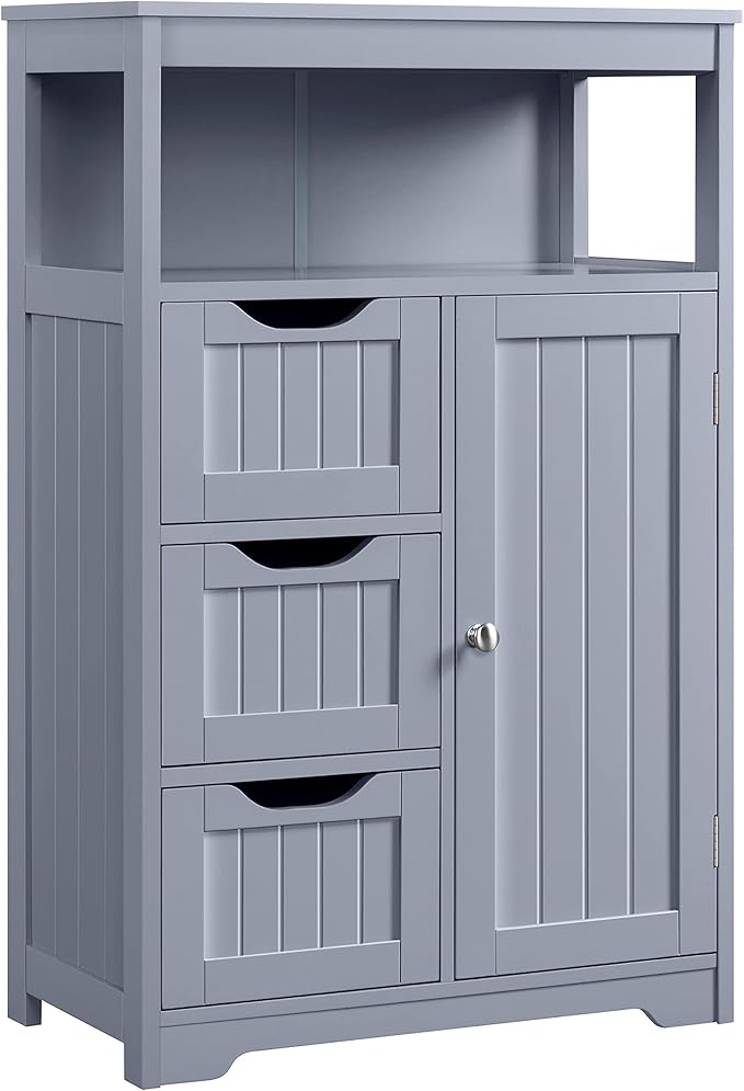 Bathroom Floor Cabinet Wooden Storage Organizer with 1 Door and 3 Drawers, Free-Standing Cupboard