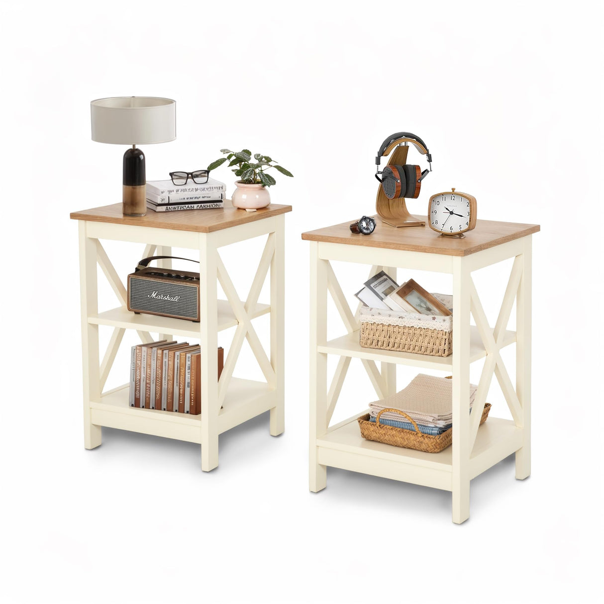 Side Table, Farmhouse End Table Set of 2, Bedside Table 3-Tier Storage Shelf
