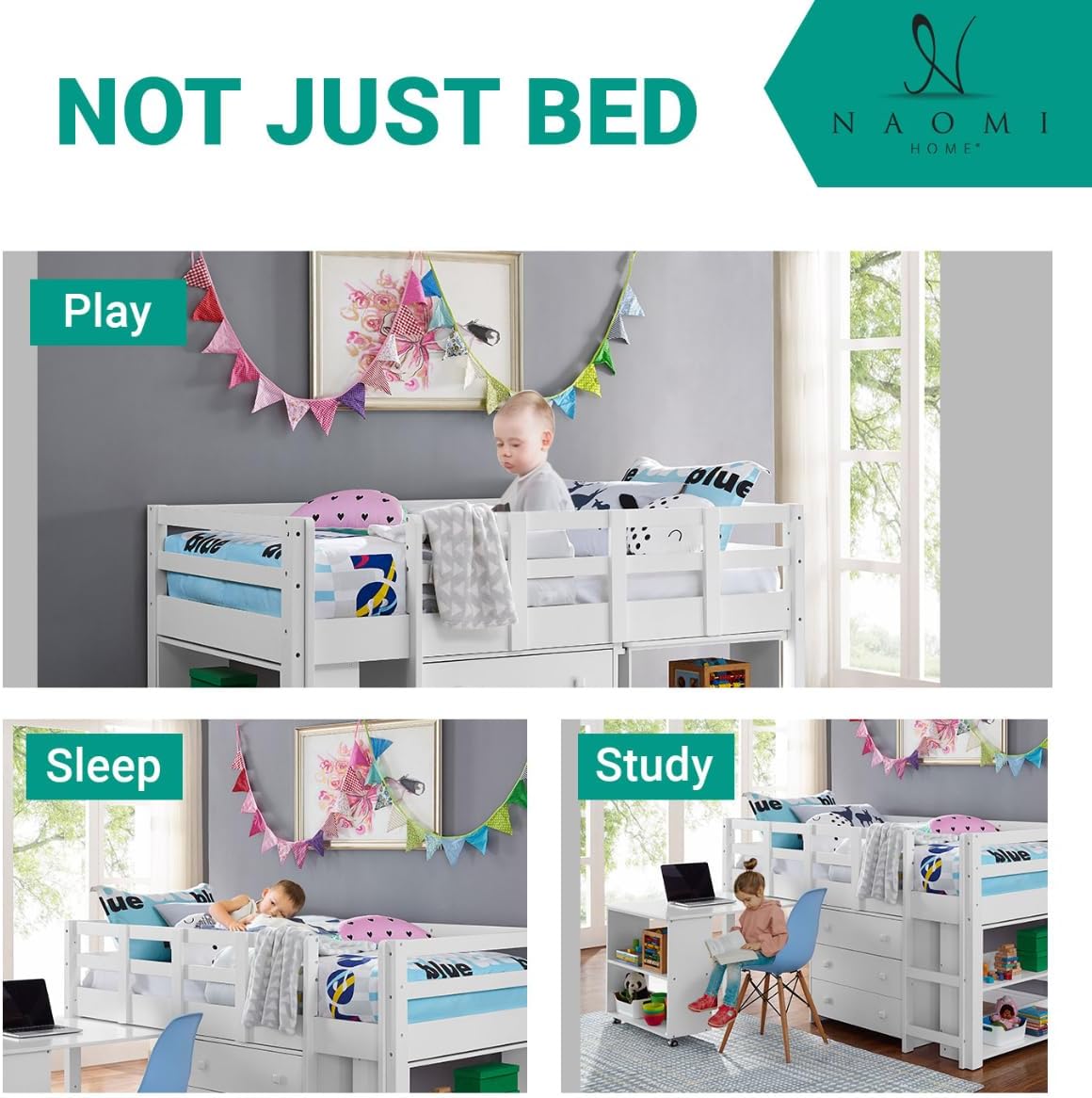 Naomi Twin Size Loft Bed with Storage, Desk, Cabinet Ladder, Low Study Pine Wood for