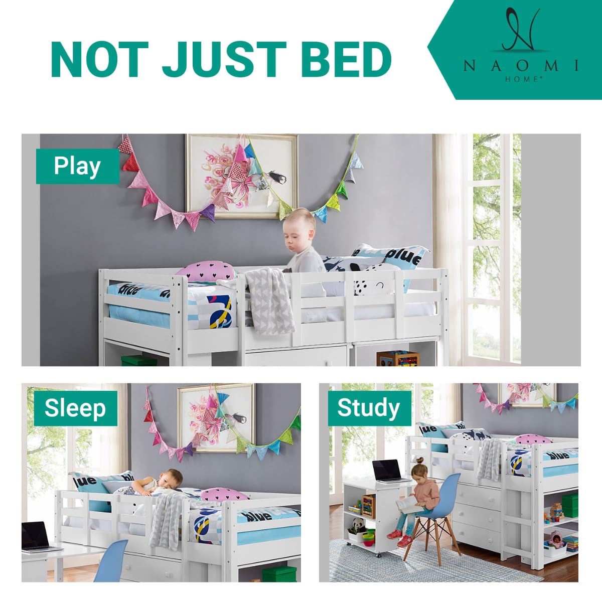 Naomi Twin Size Loft Bed with Storage, Desk, Cabinet Ladder, Low Study Pine Wood for