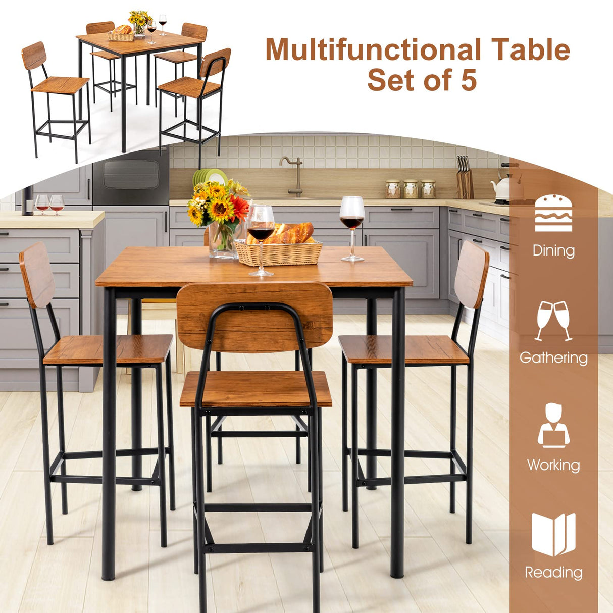 5-Piece Dining Table Set for Small Space, Kitchen Table and Chairs Set for 4 with Steel Frame,
