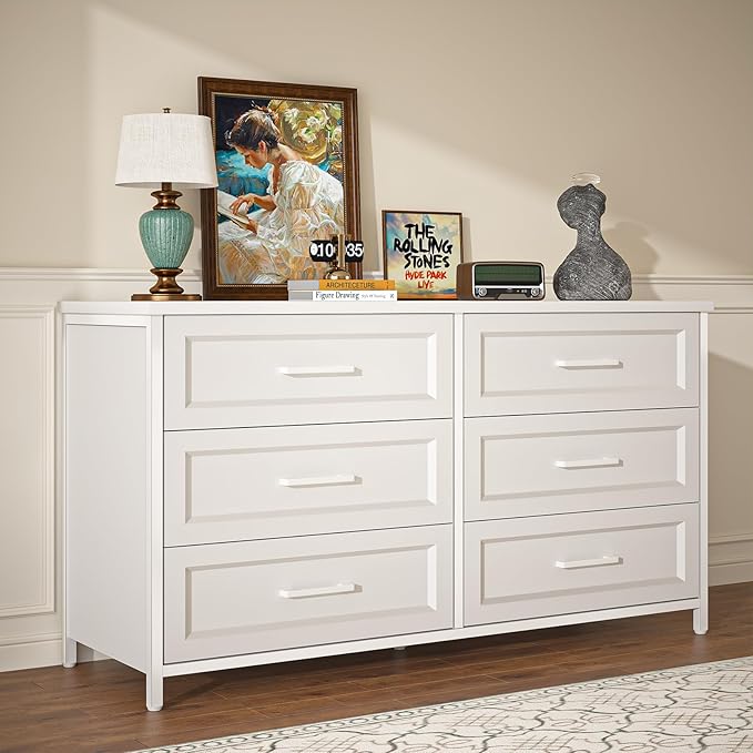 6 Drawer Double Dresser for Bedroom, Wood Storage Dresser Clothes Organizer