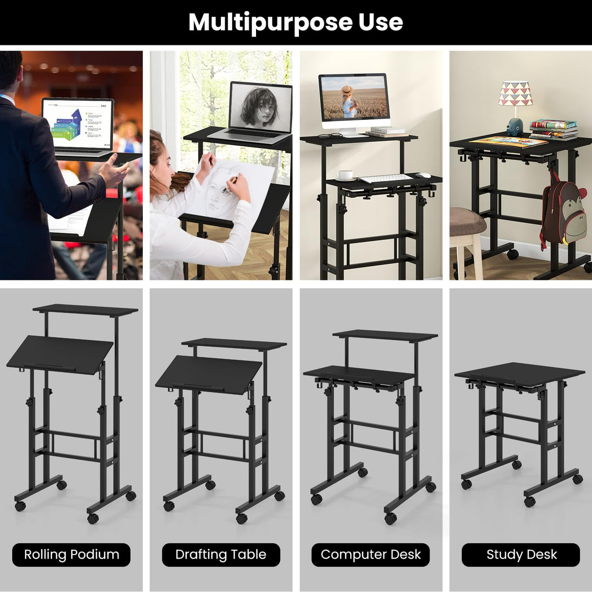 Mobile Standing Desk, Height-Adjustable Laptop Podium Cart with Tilting Tabletop & Adjustable Angle, Rolling Stand Up Computer Desk with 2 Hanging Hooks & Lockable Casters for Home Office