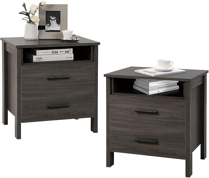 Nightstand with 2 Drawers, Wooden End Side Table with Open Storage Shelf and Cable
