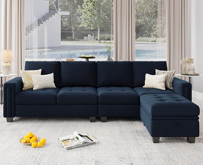 Velvet Reversible Sectional Sofa with Chaise Convertible L Shaped 4-seat Sectional