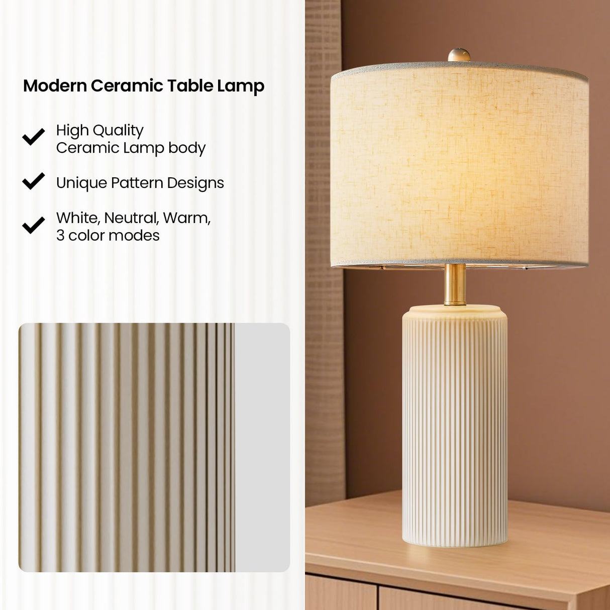 23" Ceramic Table Lamp Set of 2 - 3-Level Dimmable Farmhouse Bedside Lamps