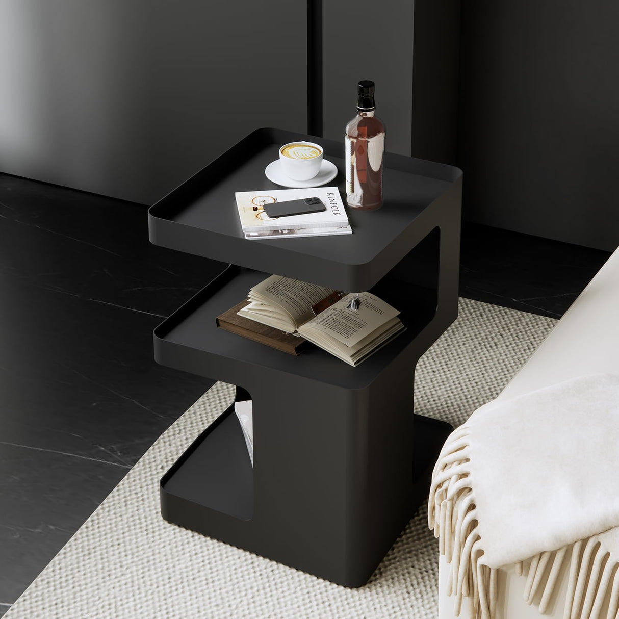 Side Table,Modern end Table,Metal Black nightstand,Bedside Table,3-Tier Accent Table