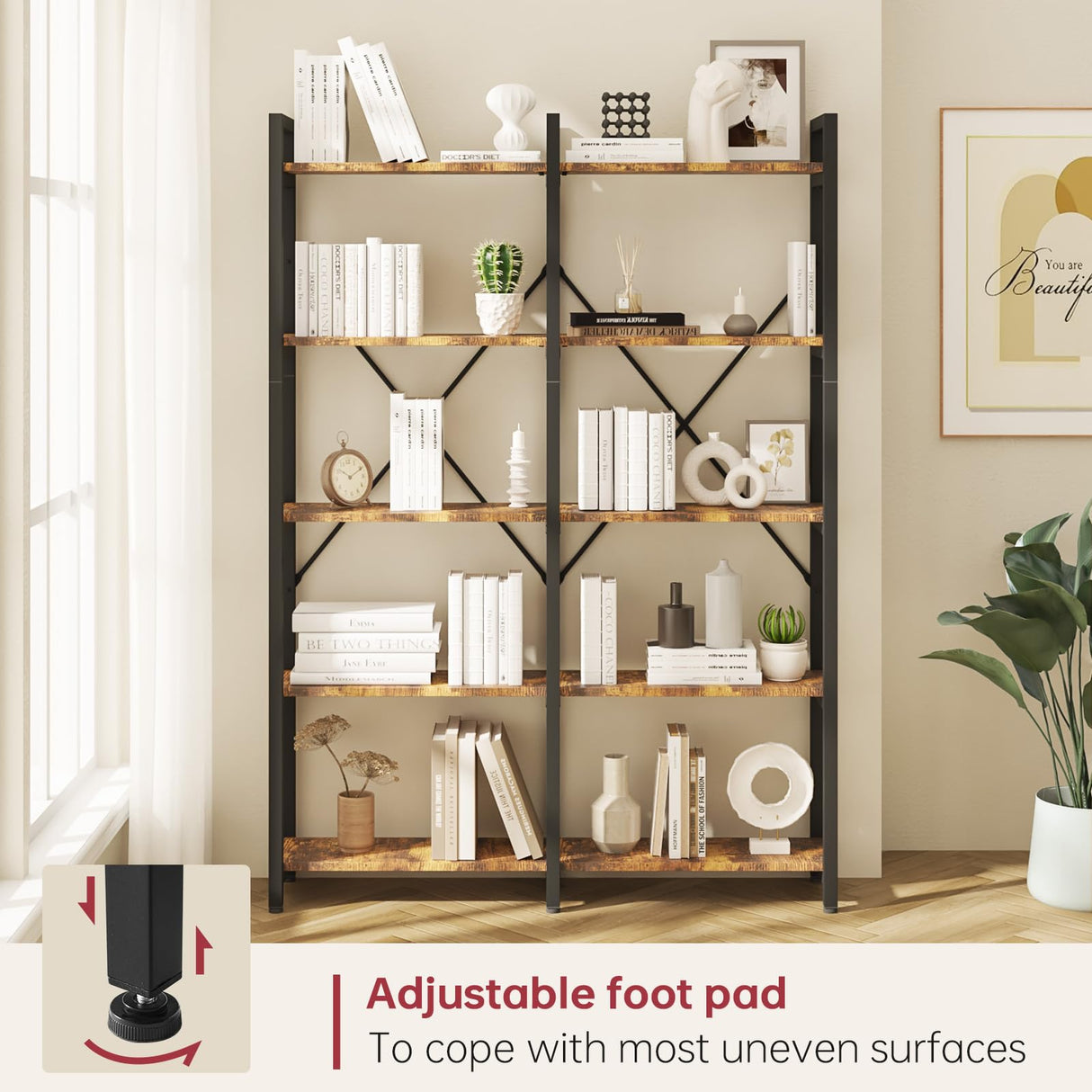 5 Tier, 58.7'' Industrial Wooden Book Shelf with Metal Frame, Large Storage Rack with Open Shelves, Wood Display Bookcase for Home and Office, Rustic Brown