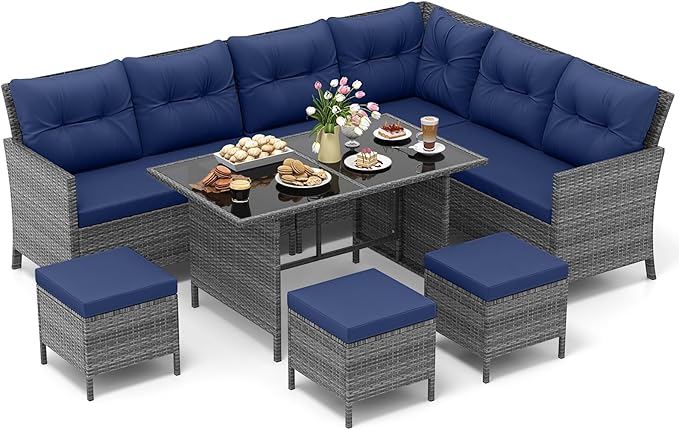 7 Pieces Patio Dining Furniture Set, Outdoor PE Rattan Sectional Sofa Set