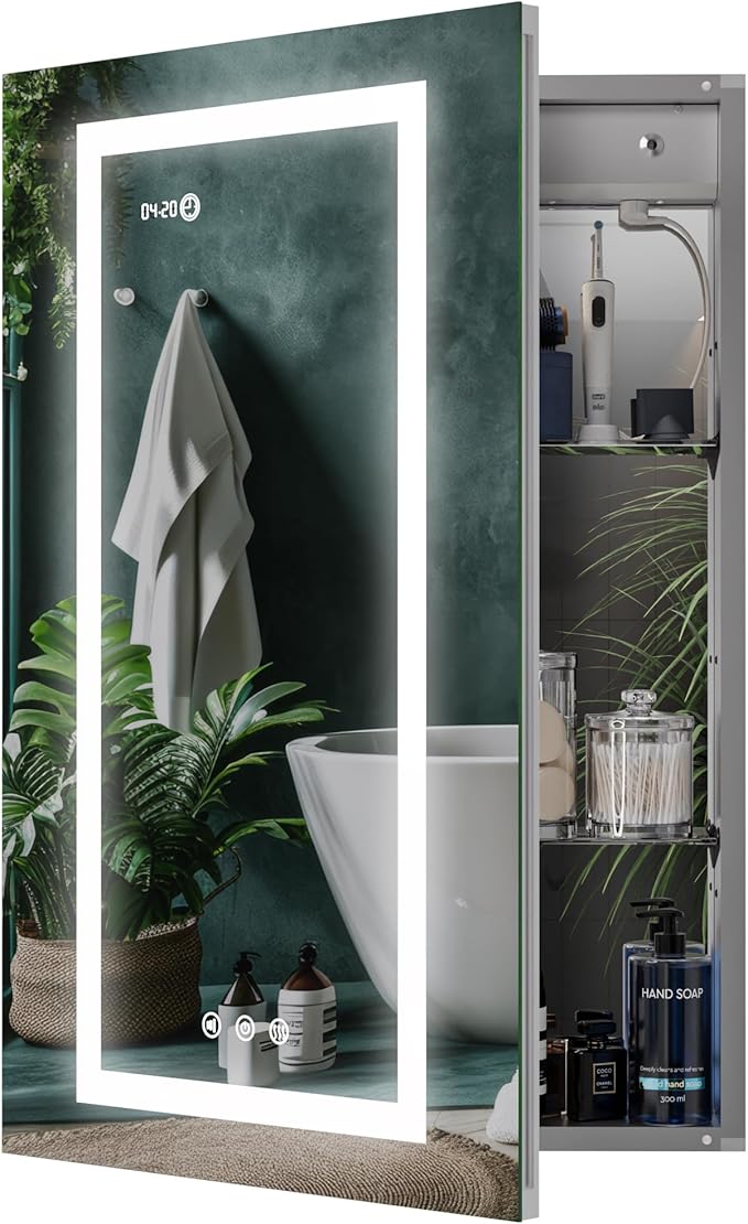 Lighted Medicine Cabinet Front & Backlit Dimmable Colours, Clock & Temp, USB Outlets