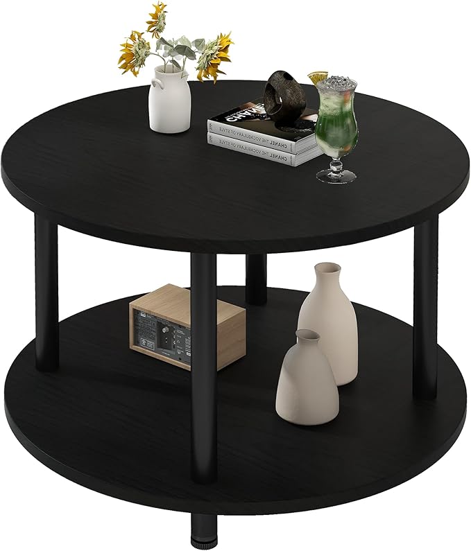 23.6" Round Coffee Table, 2-Tier Small Circle Coffee Table with Storage