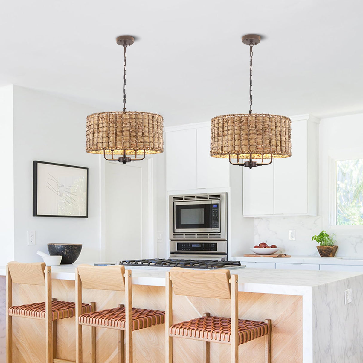 Rattan Chandelier for Dining Room,5 Lights Boho Drum Chandelier Light Fixture