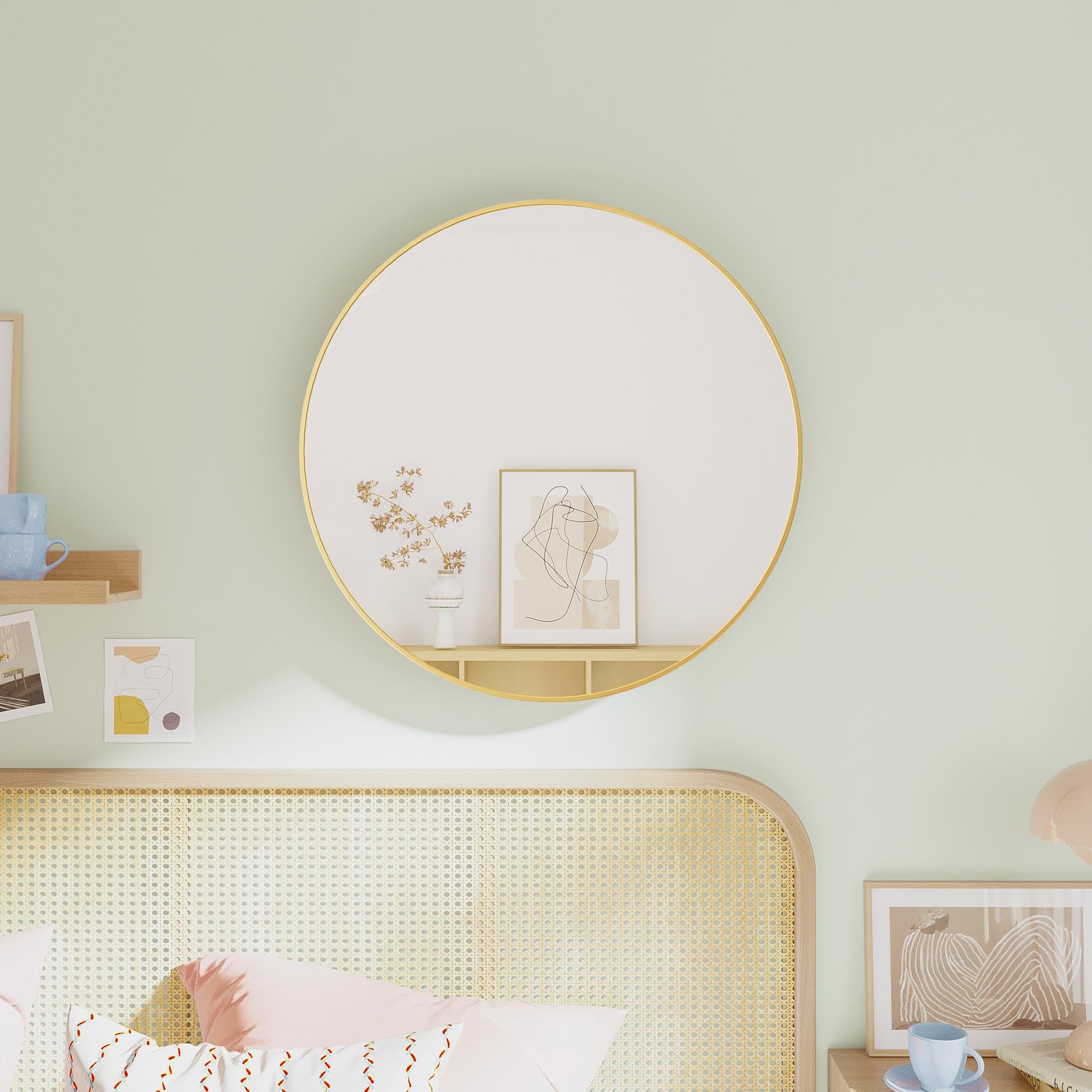 28" Wall Circle Mirror for Bathroom, Gold Round Mirror for Wall, Hanging Round Mirror