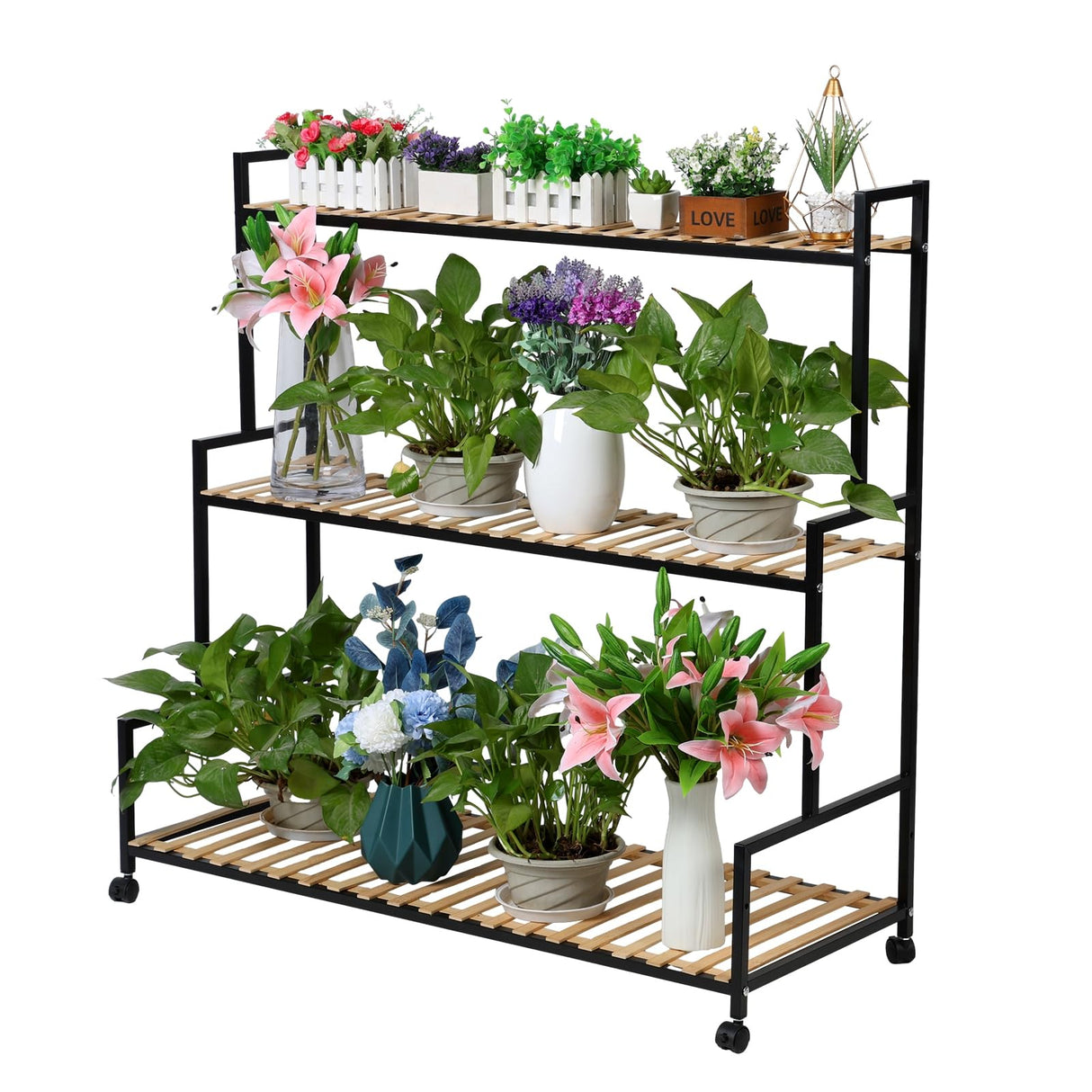 Rolling Rustic Plant Stand, 3 Tier Heavy Duty Metal Plant Shelf with Wheels Flower Plant Holder Shelves Rack with Pine Wood for Multiple Plants Indoor Home Outdoor Patio Balcony Yard Garden Black