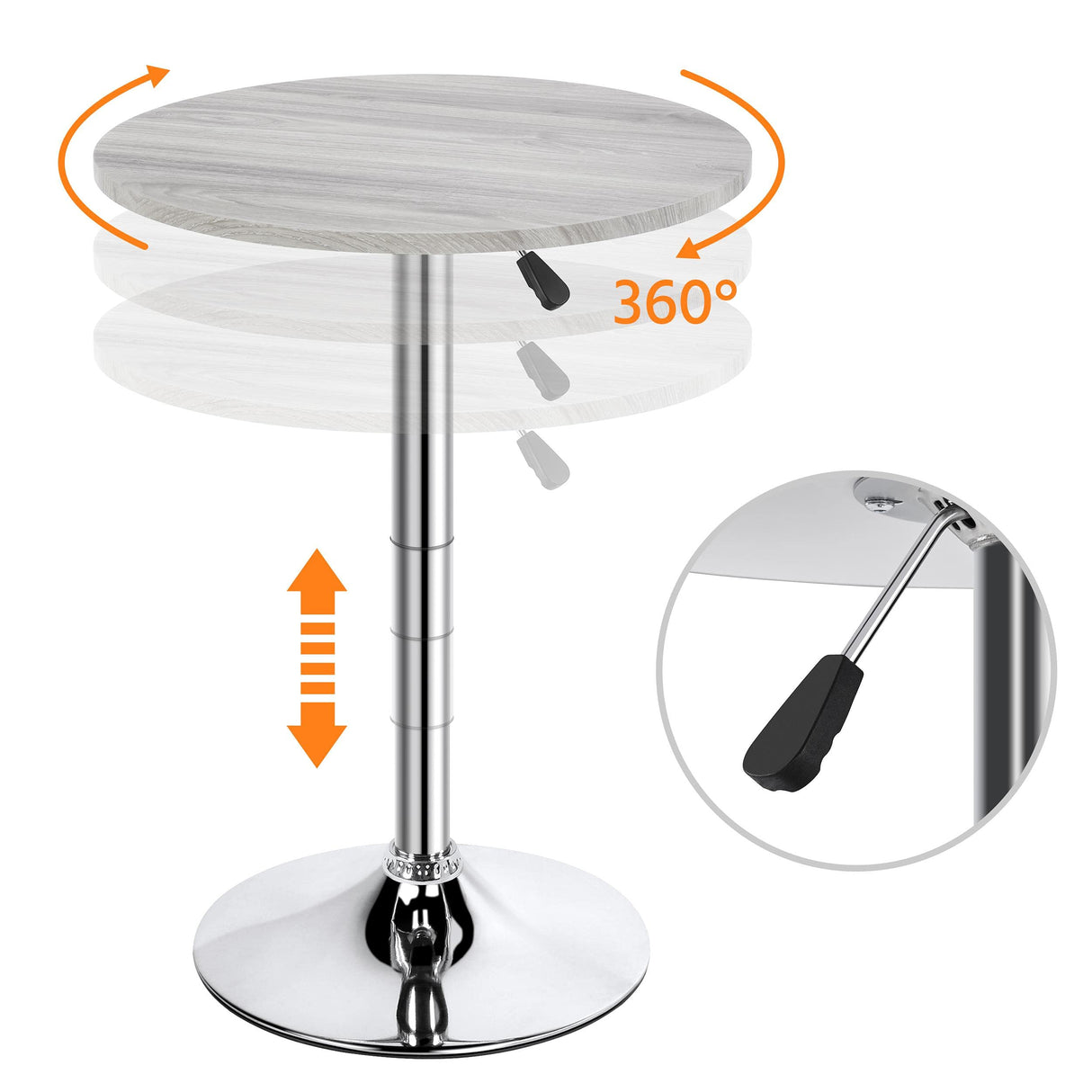 Round Pub Table Height Adjustable with 360 Swivel MDF Tabletop