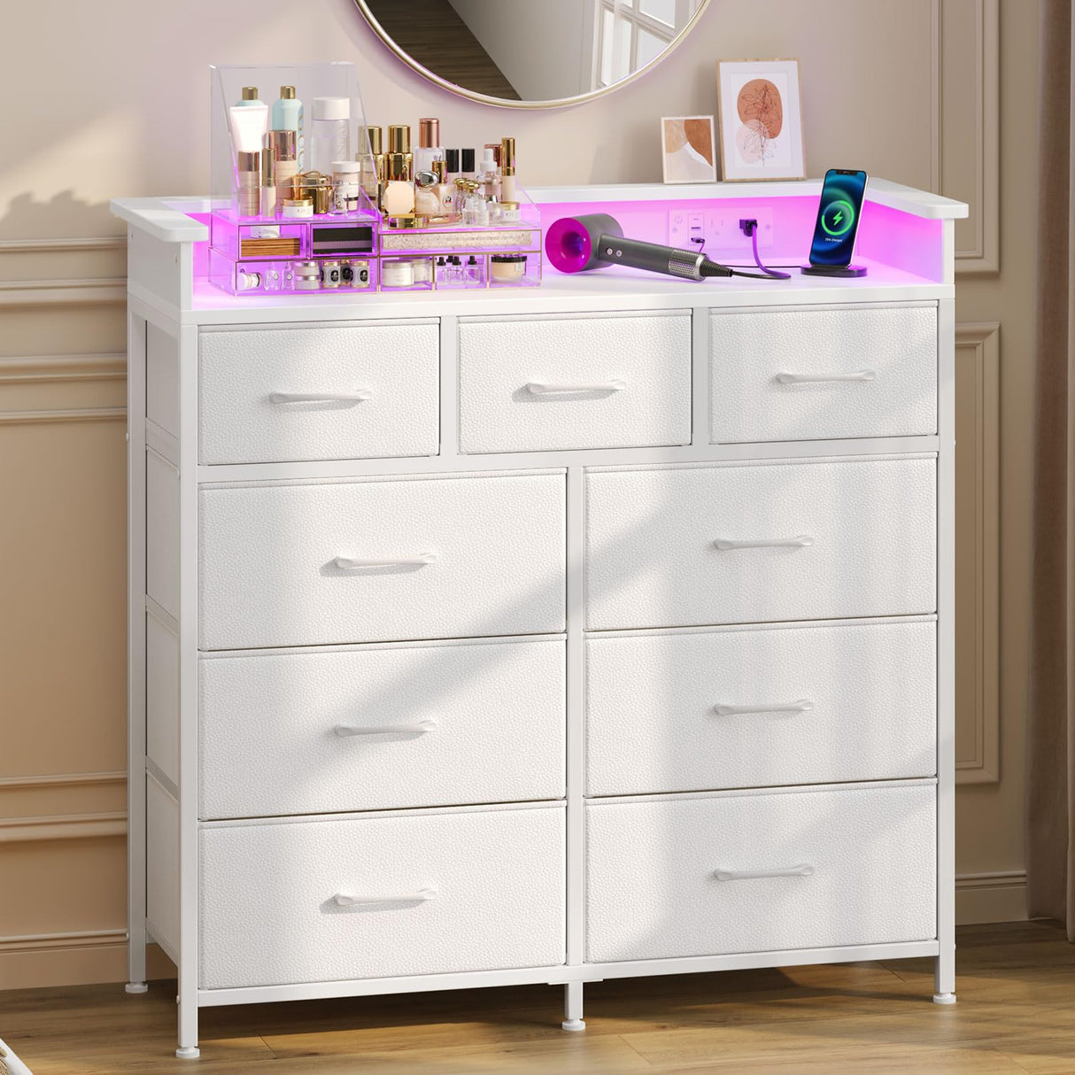 Dresser with LED Lights and Power Outlets, Tall Dresser for Bedroom, 9 Drawers Dresser
