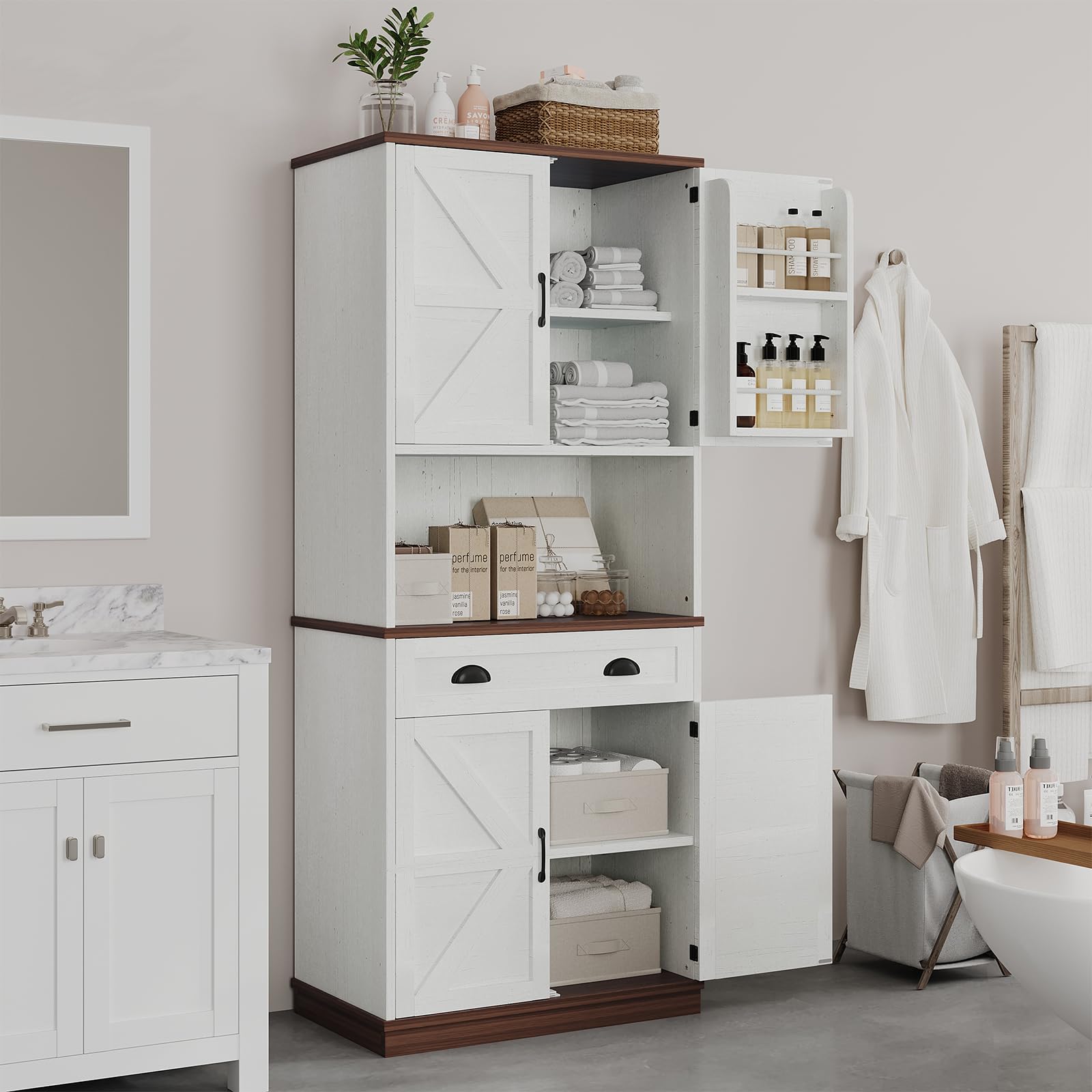 Farmhosue Pantry Cabinet, Tall Kitchen Storage Cabinet with Barn Doors and Drawer