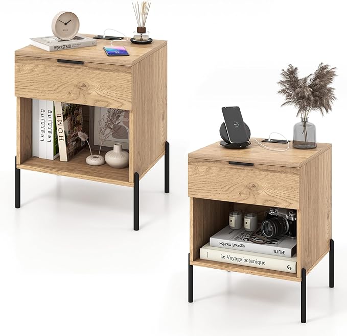 Nightstand with Charging Station, End Table Bedside Table with AC Outlet