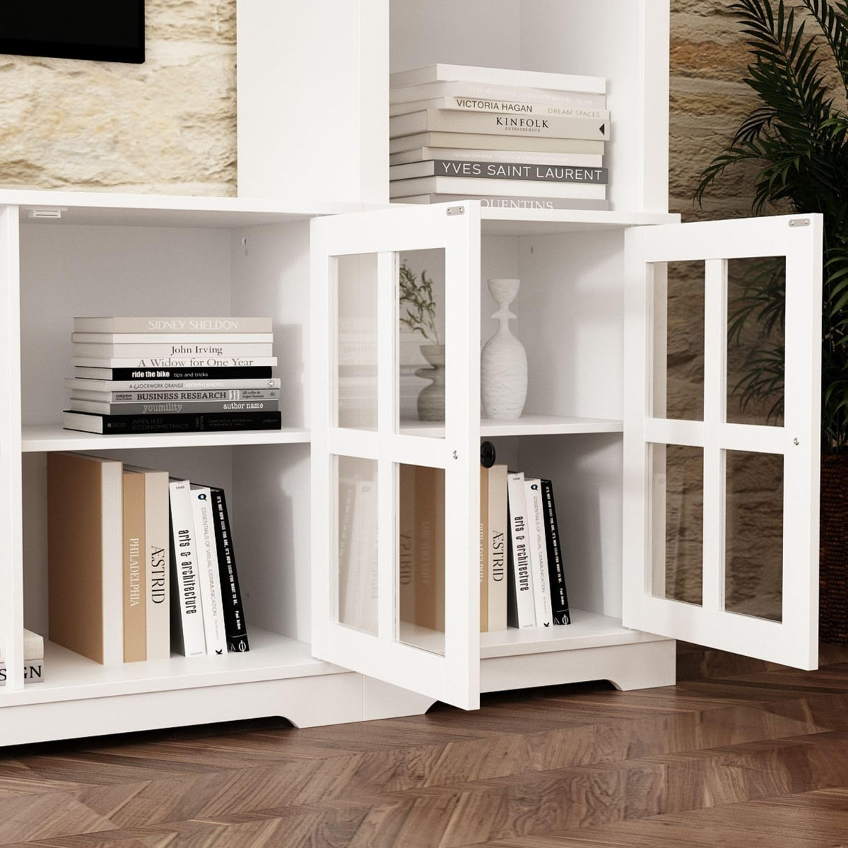 Large Entertainment Center with Bookshelves & Glass Doors, Wall Unit with Bridge