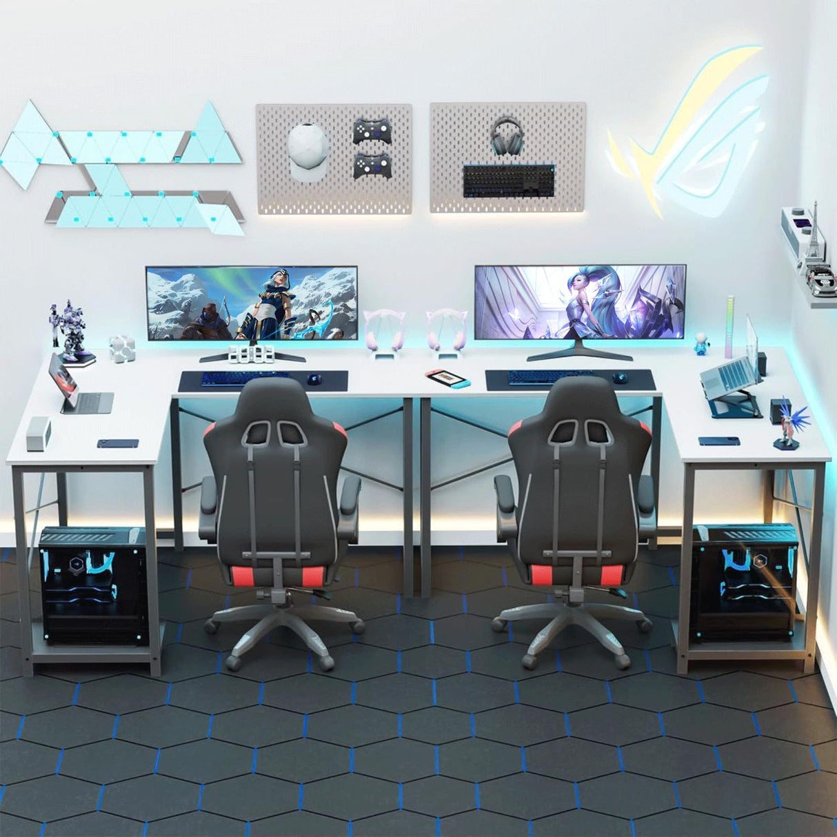 PC Desk for Gaming and Work - 50 Inch Writing Space-Saving Corner Table with CPU Storage Shelf, Side Bag, Home, Office, White