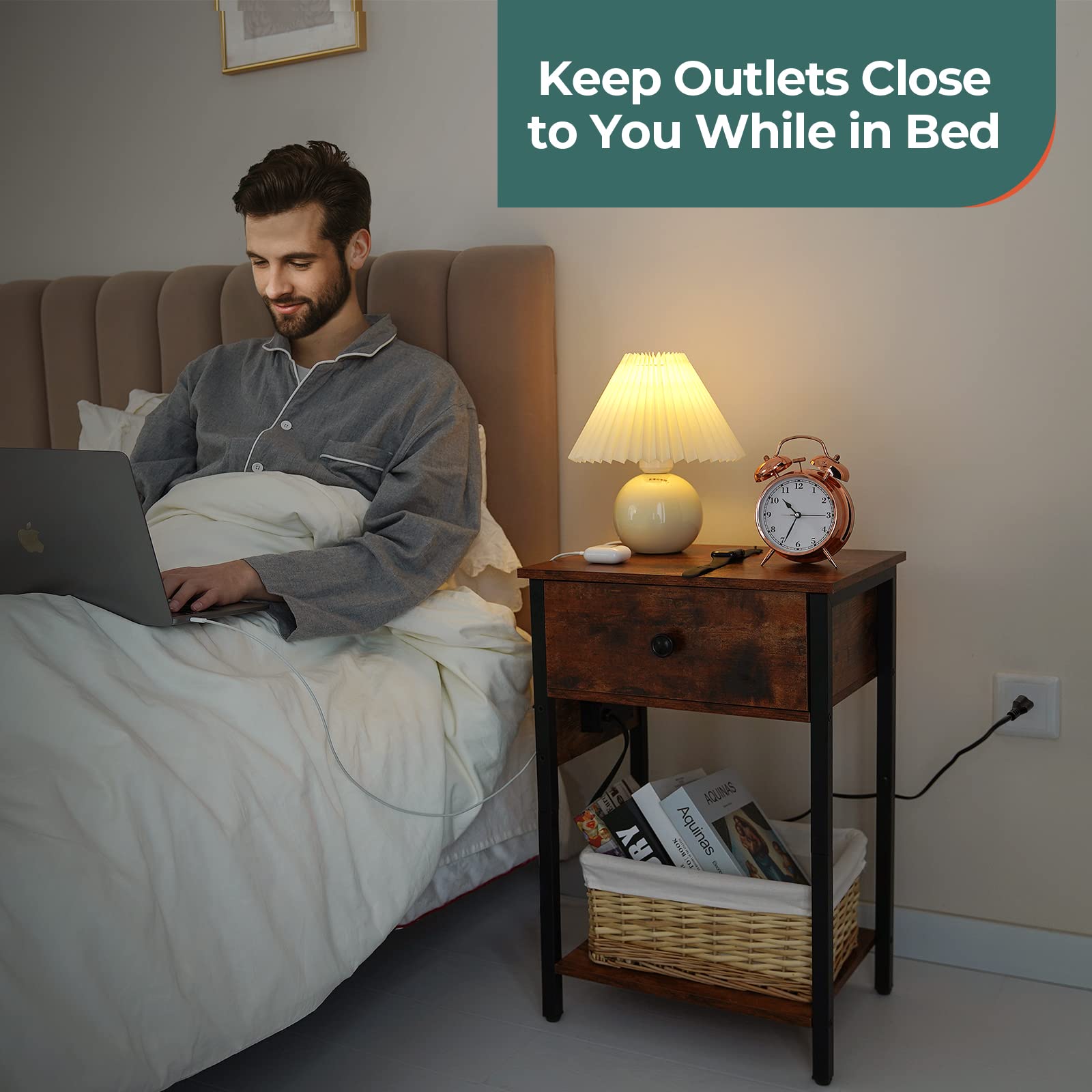 Nightstand with Charging Station, Side Table End Table with Large Drawer