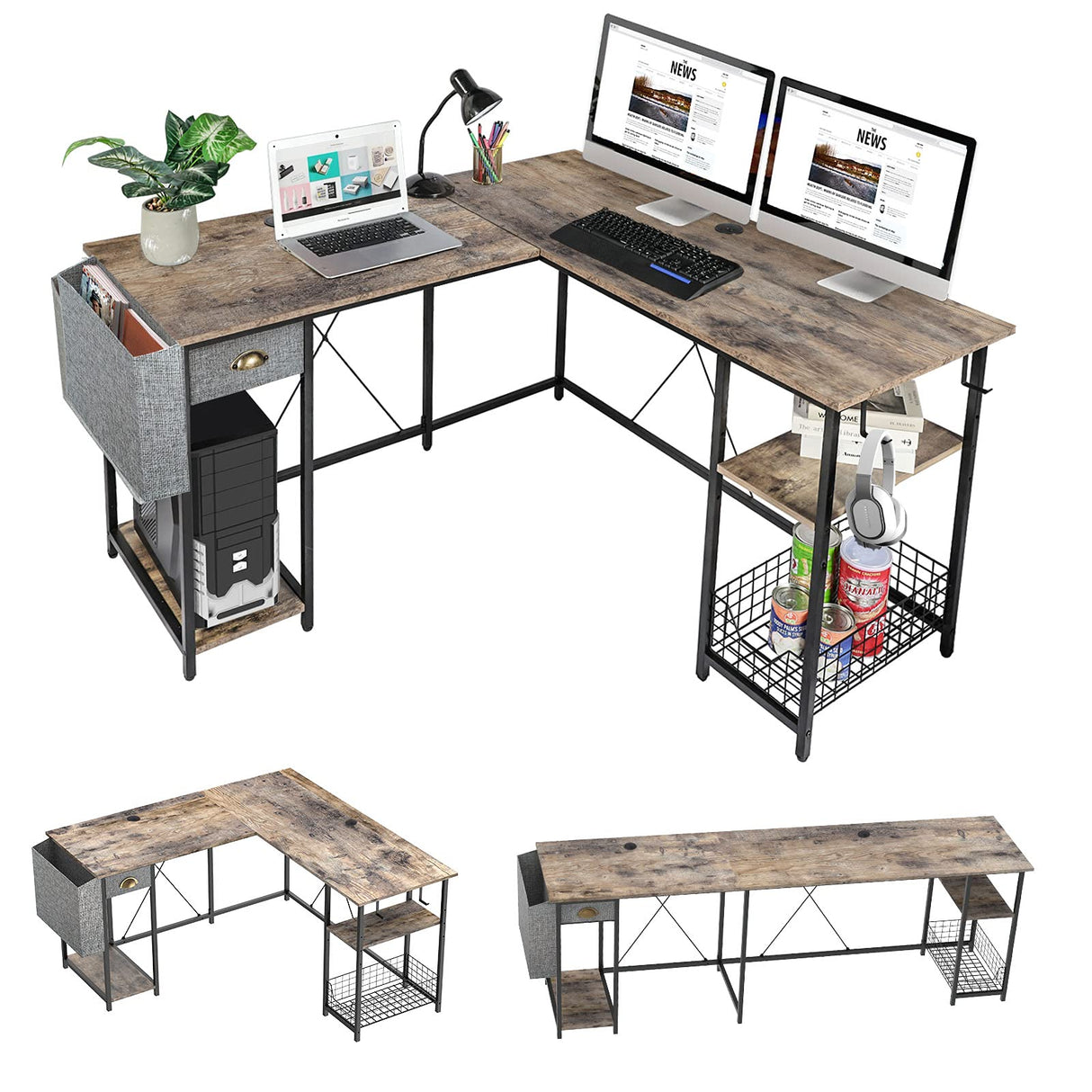 2 Person Desk Large L-Shaped Computer Desk with Storage Shelves Drawer