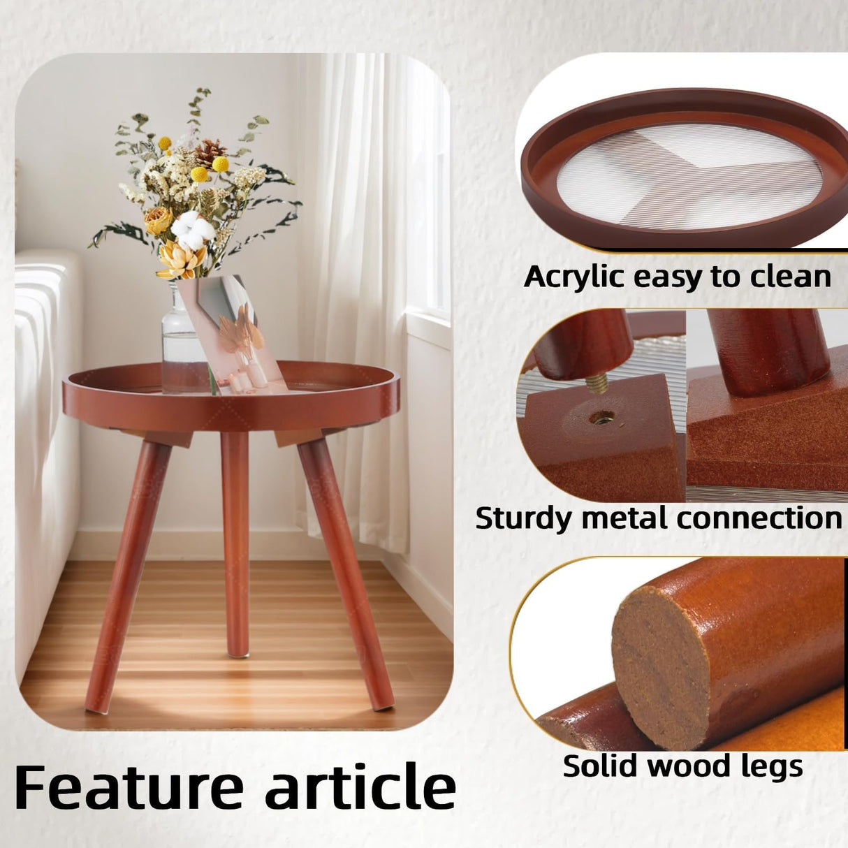 Small Round End Table, Side Tables for Patio, Mid Century Modern Rustic Accent Table with Solid Wood Legs, Reddish Brown Finish, Perfect for Bedroom, Living Room, Indoor Or Outdoor - Bircata